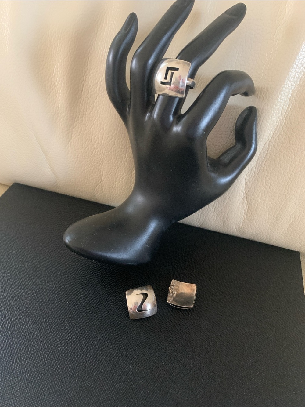 Sterling Square Signet Ring with Black Geometric Inlay - Silver